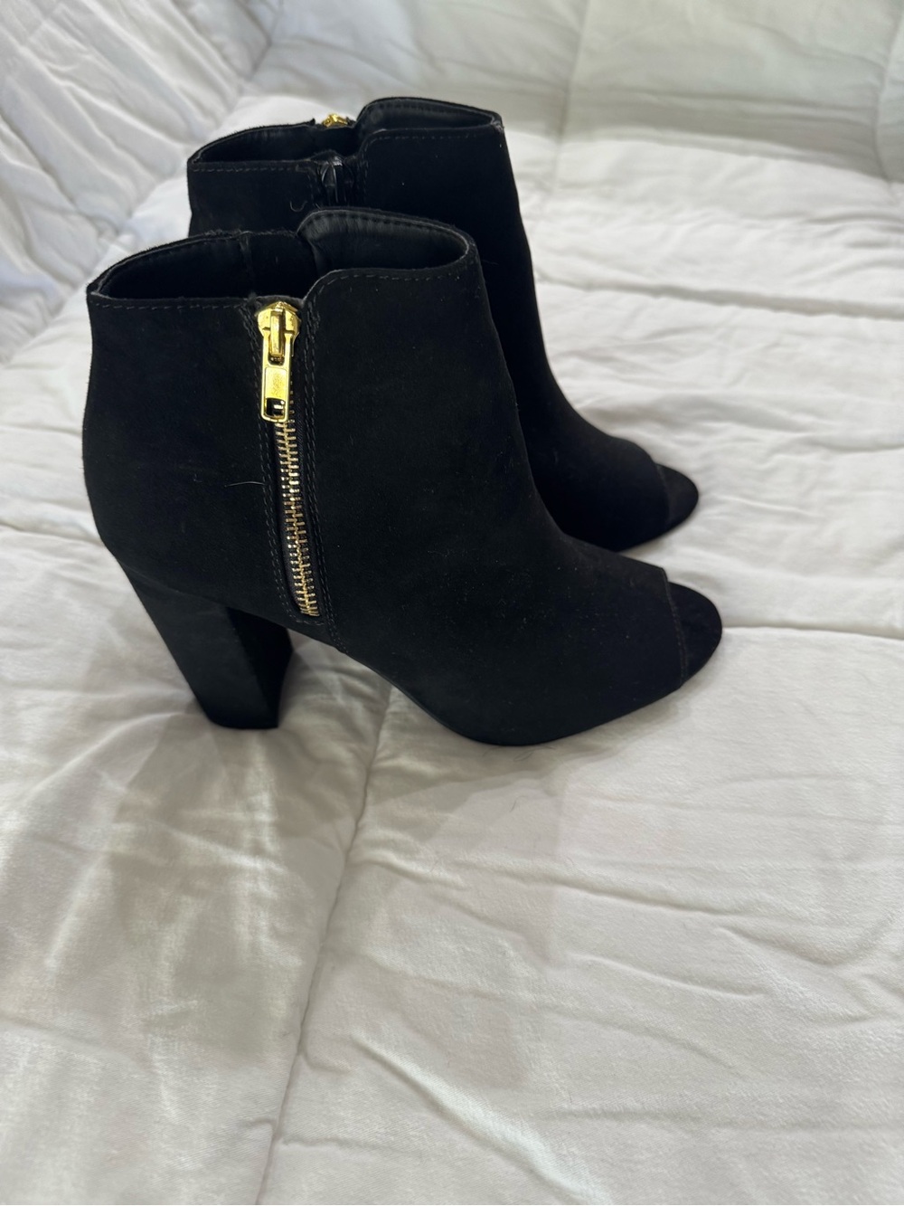 Material Girl Black Suede Peep-Toe Ankle Booties with Gold Zip